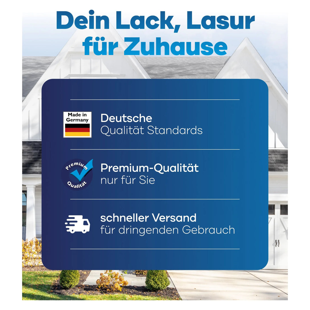 Eine Grafik zeigt ein Haus und eine blaue Box mit Vorteilen und Symbolen: Deutsche Qualität von plid, Premium Fassadenfarbe-Anstreichset, schneller Versand und ideal für Putz-/Betonflächen oder Innenanstrich.