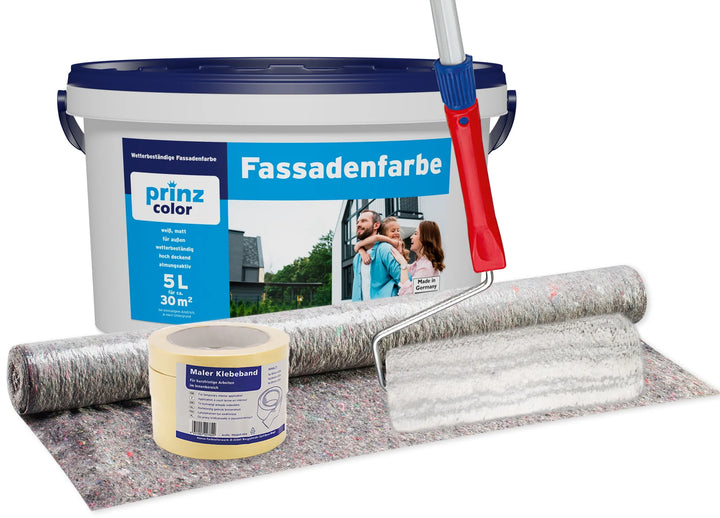 Das plid Fassadenfarbe - Anstreichset - Abdeckvlies enthält Farbe, Rolle, Malerband, Tiefgrund und eine Schutzhülle - perfekt für Innenanstriche oder Faserzementplatten-Projekte.