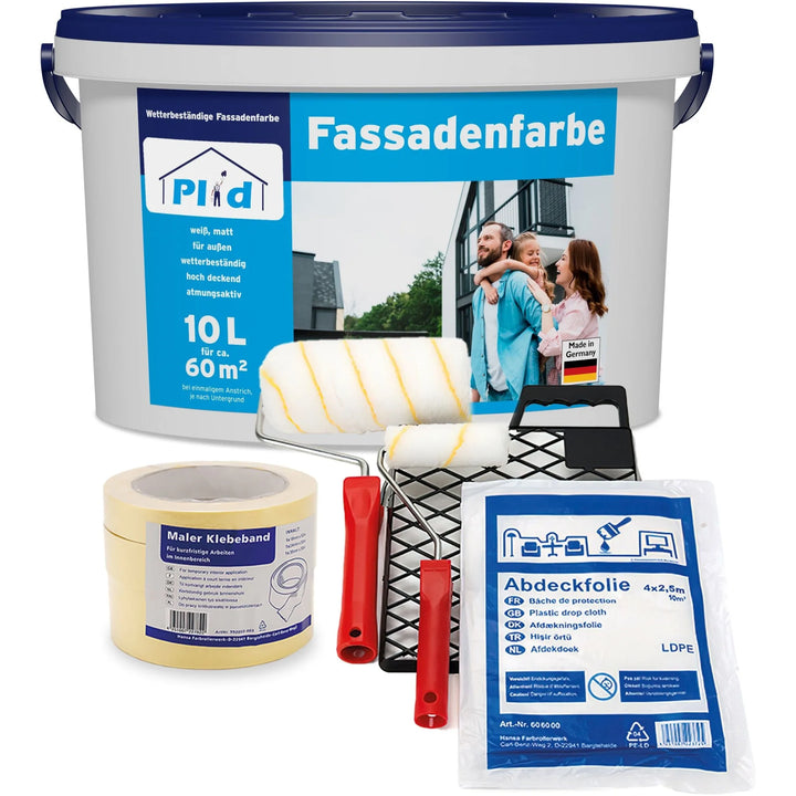 Das plid Fassadenfarbe - Anstreichset enthält eine große Wanne mit Farbe, 2 Rollen mit rotem Griff, eine Schale, Abdeckband und Abdeckfolie - perfekt für Malerarbeiten im Innenbereich auf Putz- und Betonflächen.