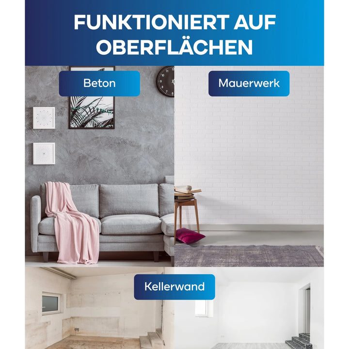 Bildüberschrift: Funktioniert auf Oberflächen. Unten: Wohnzimmer mit grauer Betonwand (Putz- und Betonflächen), Wand mit weißer Ziegeltapete (Mauerwerk), und leerer Raum für Innenanstrich mit Tiefgrund lösemittelfrei (Kellerwand). Produkt: plid Fassadenfarbe - Anstreichset.
