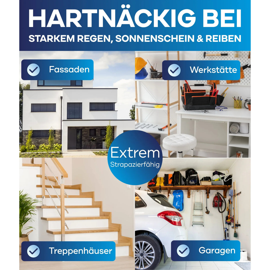 Die Collage zeigt eine moderne Hausfassade, eine Werkstatt, ein Treppenhaus und eine Garage, die alle mit plid Fassadenfarbe - Anstreichset - Abdeckvlies verkleidet sind. Der deutsche Text betont die Widerstandsfähigkeit der Marke gegen Regen, Sonne und Abnutzung.