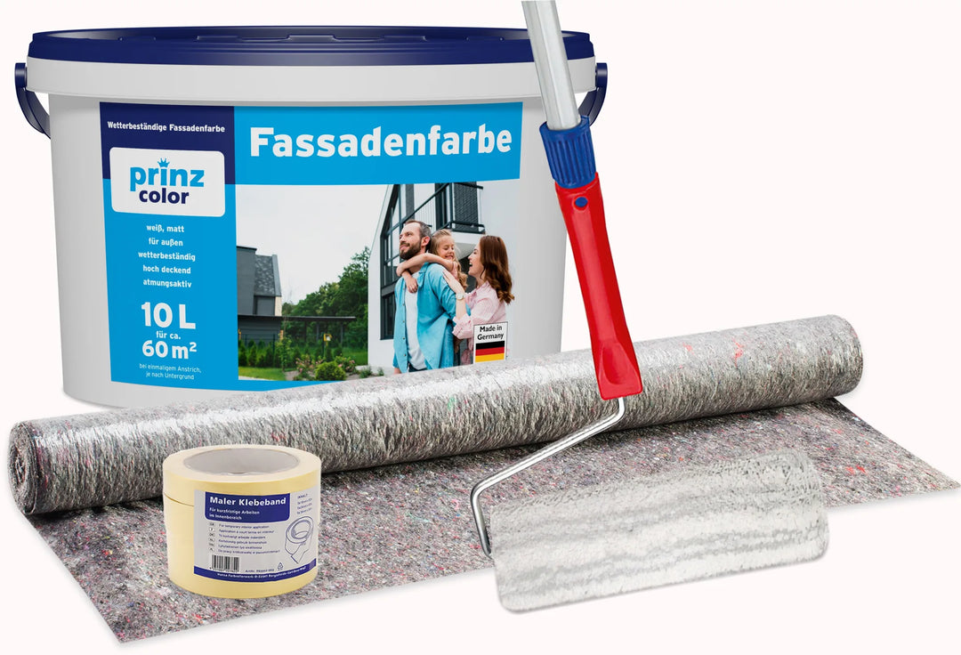 Das plid Fassadenfarbe - Anstreichset - Abdeckvlies enthält einen Kunststoffeimer mit Außenfarbe für Faserzementplatten, eine große Rolle mit rotem Griff, Abdeckband und einen grauen Bodenschutzbelag. Das Etikett des Farbeimers zeigt eine Familie neben einem Haus.