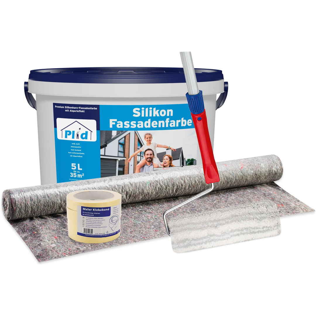 Das plid Silikon Fassadenfarbe - Anstreichset - Abdeckvlies enthält einen 5L Eimer, eine Rolle mit rotem Griff, Malerband und Schutzgewebe - perfekt für wetterbeständige Fassadenanstriche, alles auf weißem Hintergrund.