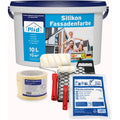 Das plid Silikon Fassadenfarbe Anstreichset enthält einen 10L Eimer wetterbeständiger Silikonharz Fassadenfarbe, zwei Rollen mit Griffen, eine Farbwanne, Abdeckband und Schutzfolie.