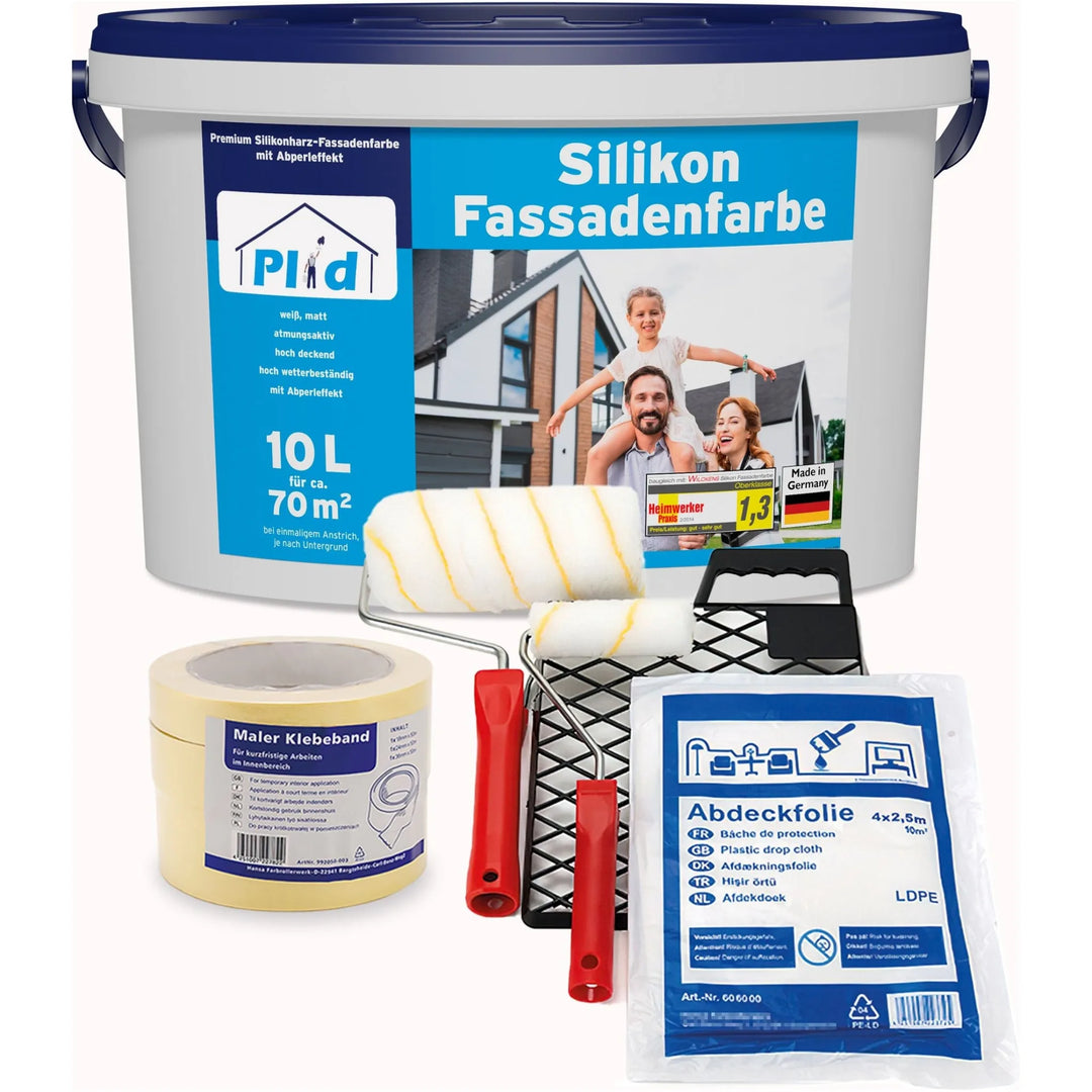 Das plid Silikon Fassadenfarbe Anstreichset besteht aus einem 10L Eimer wetterbeständiger Silikonharz Fassadenfarbe, Abdeckband, Farbroller mit Griff, Farbwanne, Rollgitter, Kunststofffolie und einem extra Rollengriff für Außenwände.