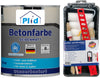 Eine Dose plid Betonfarbe - Anstreichset in grau seidenmatt für Garagenboden steht neben einem Malset mit Rollen, Pinseln und einem roten Tablett. Beide sind in Kunststoffschalen verpackt und mit dem Label Made in Germany versehen.
