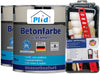 Zwei Dosen plid Betonfarbe - Anstreichset stehen neben einem Bausatz mit Rollen, Pinseln, Farbwanne und Rührer mit rotem Stiel - perfekt für Garagenboden oder jedes moderne Betonbeschichtungsprojekt.