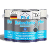Drei Dosen plid Betonfarbe für Böden & Wände sind mit deutschen Etiketten abgebildet, die auf diese abriebfeste & wetterbeständige Farbe hinweisen. Auf Wasserbasis, deckt bis zu 23m², made in Germany, und ist für den Innen- und Außenbereich geeignet.