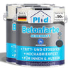 Abgebildet sind zwei Dosen der plid Betonfarbe für Böden & Wände - abriebfest & wetterbeständig. Diese wasserbasierte, in Deutschland hergestellte Farbe deckt ca. 50m² ab, ist ideal für den Betonschutz im Innen- und Außenbereich und bietet ein seidenmattes Finish.