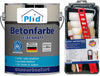 Eine Dose plid Betonfarbe - Anstreichset für Betonbeschichtung steht neben einem Mal- und Pinselset mit verschiedenen Pinseln und Rollen - perfekt für Garagenboden-Projekte; das Etikett der Farbdose ist auf Deutsch.