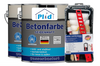 Zwei Dosen plid Betonfarbe - Anstreichset (wasserbasiert, seidenmatt, Made in Germany) kommen mit Rollen, Pinseln und einem roten Tablett - ideal für Garagenboden und andere Betonbeschichtungsprojekte.