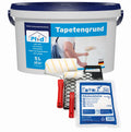 Das plid Tapetengrund - Anstreichset enthält einen 5L Tapetengrund-Eimer, ein Rollerset, eine Farbwanne und eine Schutzfolie - ideal zum Vorbereiten der Wände vor dem Vliestapeten. Das Etikett zeigt eine Person, die einen Farbroller benutzt.