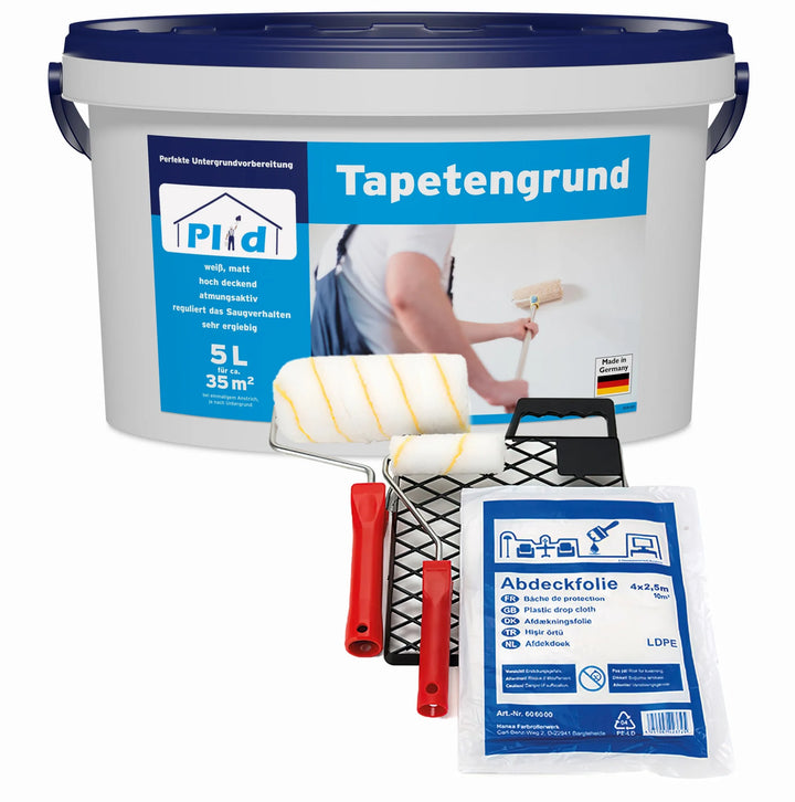 Das plid Tapetengrund - Anstreichset enthält einen 5L Tapetengrund-Eimer, ein Rollerset, eine Farbwanne und eine Schutzfolie - ideal zum Vorbereiten der Wände vor dem Vliestapeten. Das Etikett zeigt eine Person, die einen Farbroller benutzt.