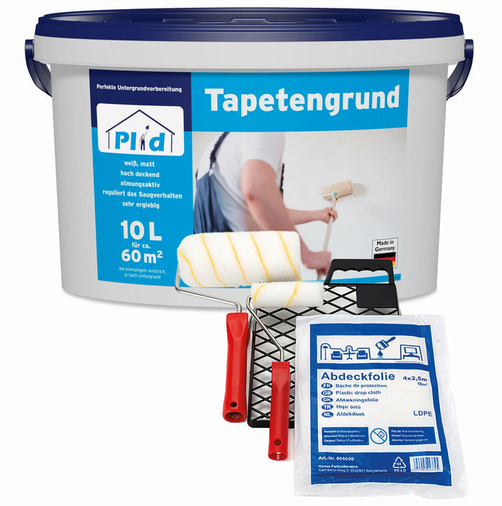Das plid Tapetengrund - Anstreichset beinhaltet einen 10L Eimer Grundierung für Tapezierarbeiten, eine Farbrolle, Schale, Griff und Schutzfolie - ideal für die Vorbereitung von Vliestapeten. Das Etikett zeigt eine malende Person.