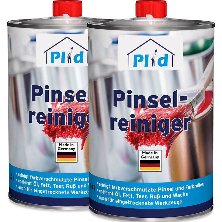 Zwei Metalldosen von plid Plid Pinselreiniger - löst Lack- &amp; Farbrückstände effektiv, jeweils mit roter Kappe, sind mit deutschen Etiketten und einem Made in Germany Abzeichen versehen. Abgebildet ist ein Pinsel, der gereinigt wird - perfekt für Malerwerkzeug reinigen. Unscharfe Malwerkzeuge im Hintergrund.