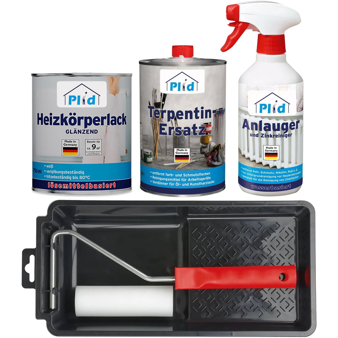 Das plid Heizkörperlack LH Premium Set hitzebeständig weiß enthält einen Farbroller, eine Schale, eine Reiniger-Sprühflasche und Dosen mit Heizkörperlack, Grundierung und Terpentinersatz. Alle Artikel sind übersichtlich auf einem weißen Hintergrund angeordnet.