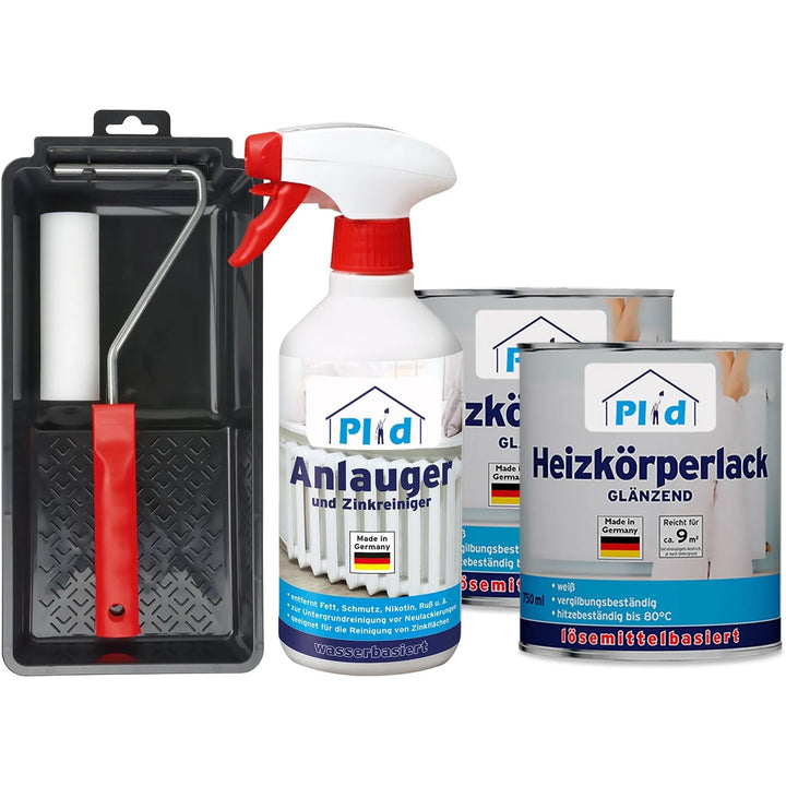 Das plid Heizkörperlack LH - Lackierset enthält ein Tablett, eine Sprühflasche mit der Aufschrift Anlauger und Zinkreiniger und zwei Dosen hitzebeständiger weißer Glanzheizkörperlack mit der Aufschrift Heizkörperlack Glänzend.