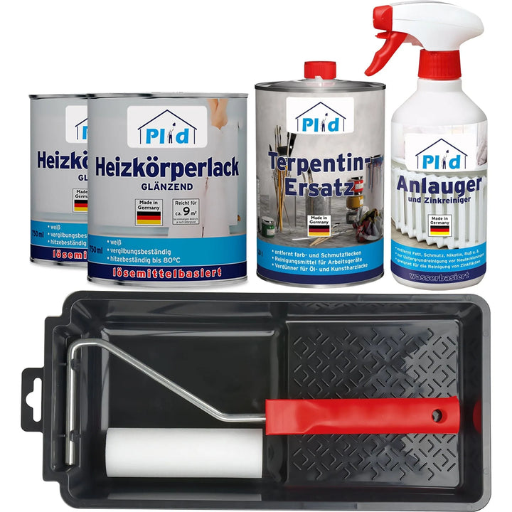 Das plid Heizkörperlack LH Premium Set hitzebeständig weiß enthält 3 Dosen (Heizkörperlack, Terpentinersatz), einen Sprühreiniger und einen rotstieligen Roller mit Ablage für die einfache Heizkörpersanierung.
