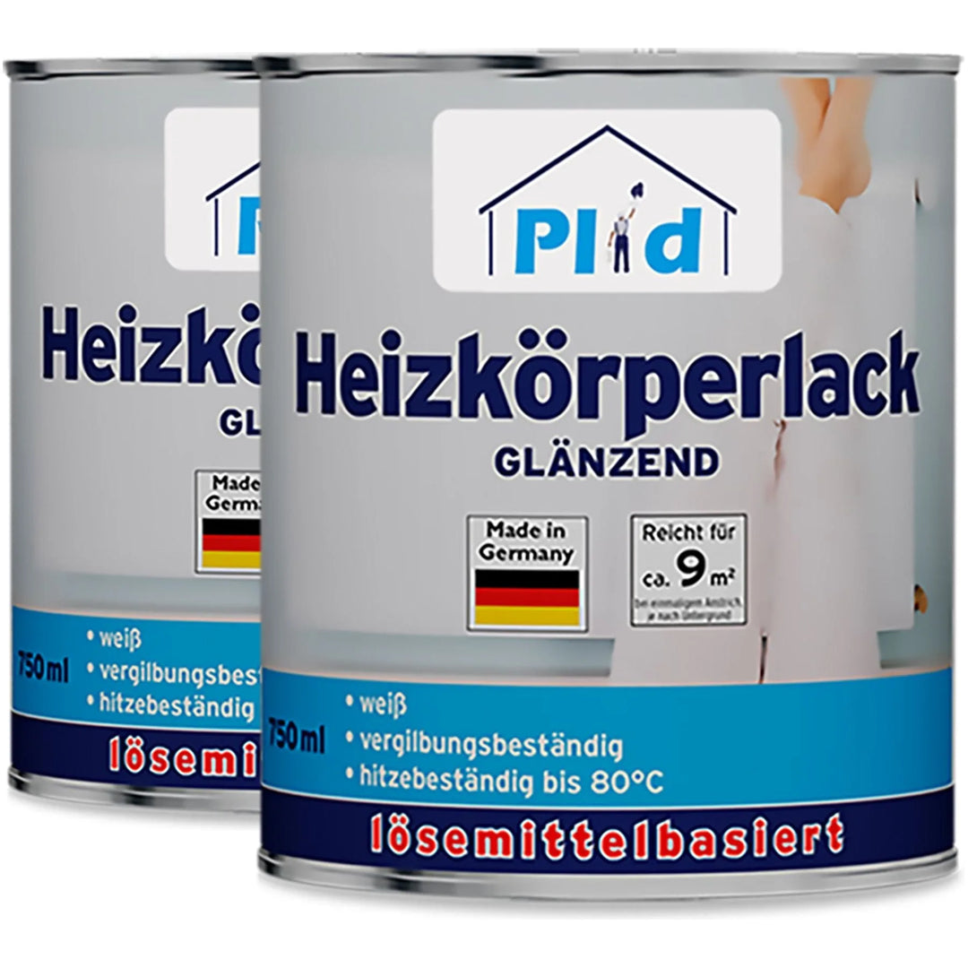 Zwei Dosen plid Heizkörperlack LH, je 750 ml, weiß, glänzende Heizkörperlackierung. Hitzebeständig bis 80°C, lösemittelhaltig, mit deutscher Kennzeichnung. Bietet Rostschutz (Rostschutz). Hergestellt in Deutschland.