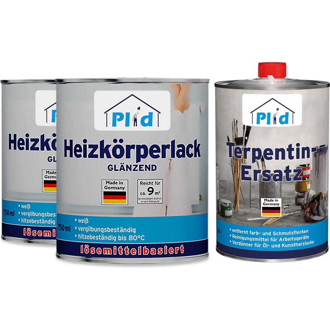 Drei Plid-Dosen mit deutschen Etiketten: Zwei Heizkörperlack LH, 750 ml und 2,5 L. Ein Terpentinersatz, 1 L mit rotem Deckel.