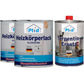 Drei Plid-Dosen mit deutschen Etiketten: Zwei Heizkörperlack LH, 750 ml und 2,5 L. Ein Terpentinersatz, 1 L mit rotem Deckel.