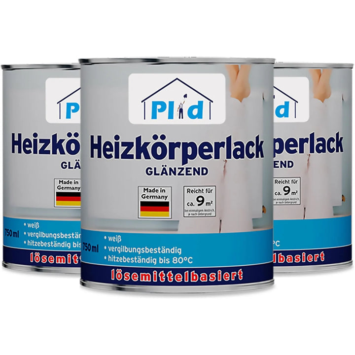 Drei Dosen plid Heizkörperlack LH mit Deutschland-Etiketten, made in Germany. Blau-weiße Verpackung mit 750 ml Inhalt, hitzebeständig bis 80°C, bietet effektiven Rostschutz für Ihre Heizkörper.