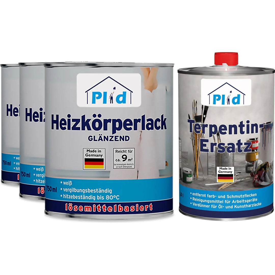 Abgebildet sind vier Dosen: drei mit der Aufschrift plid Heizkörperlack LH (Heizkörperlack, glänzend) und eine plid Terpentinersatz (Terpentinersatz), alle mit deutscher Aufschrift und "Made in Germany".
