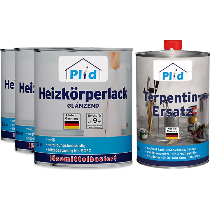 Abgebildet sind vier Dosen: drei mit der Aufschrift plid Heizkörperlack LH (Heizkörperlack, glänzend) und eine plid Terpentinersatz (Terpentinersatz), alle mit deutscher Aufschrift und "Made in Germany".
