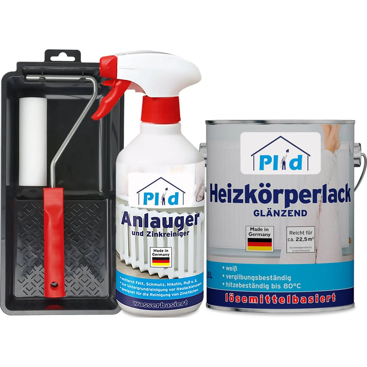 Das plid Heizkörperlack LH - Lackierset enthält einen hitzebeständigen Farbroller mit Ablage, eine Sprühflasche "Anlauger und Zinkreiniger" und eine Dose Heizkörperlack Glänzend - alles von plid.