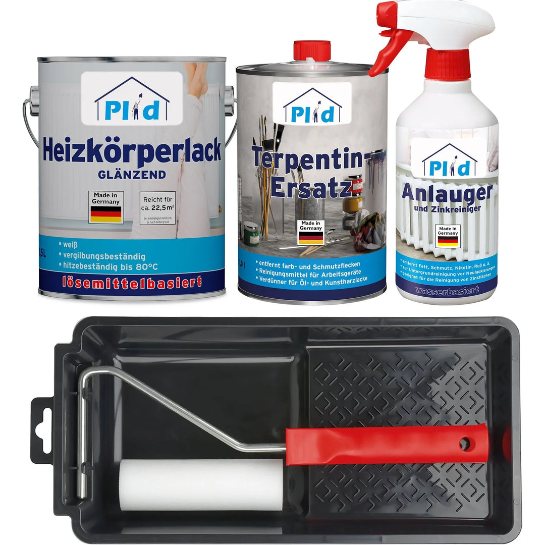 Das plid Heizkörperlack LH Premium Set hitzebeständig weiß enthält Heizkörperlack für die Renovierung, Terpentinersatz, Reiniger und eine Farbwanne mit einem Roller mit rotem Griff.