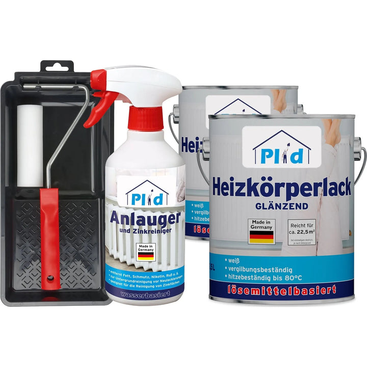 Das plid Heizkörperlack LH - Lackierset enthält einen Farbroller, eine Schale, eine Anlauger und Zinkreiniger Sprühflasche und zwei Dosen hitzebeständiger Heizkörperlack Glänzend mit blauen und weißen Etiketten.