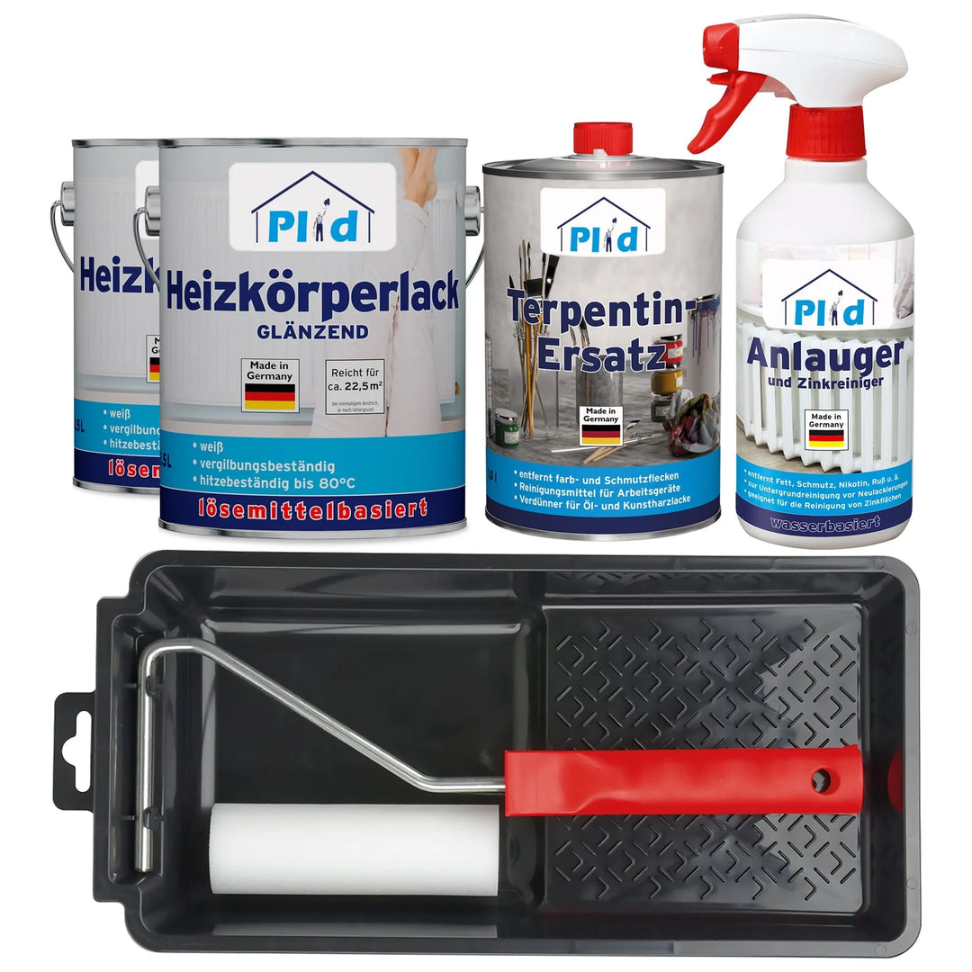 Das plid Heizkörperlack LH Premium Set enthält hitzebeständigen weißen Heizkörperlack, rostfreie Grundierung, Farbverdünner, Sprühreiniger und eine schwarze Schale mit Rolle. Alle Artikel sind in deutscher Sprache beschriftet.