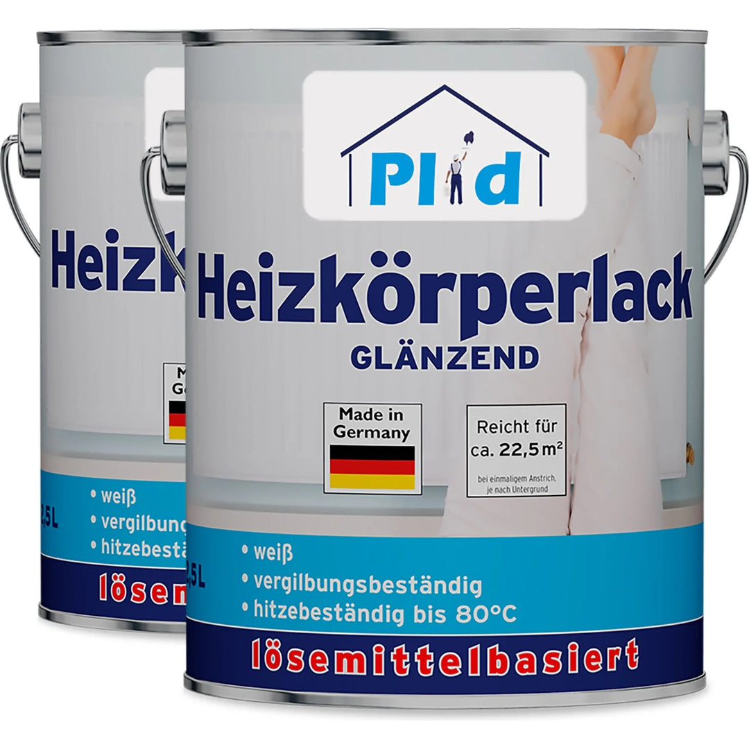 Abgebildet sind zwei Dosen plid Heizkörperlack LH (glänzender Heizkörperlack). Der weiße, lösemittelhaltige Lack ist made in Germany, bietet Rostschutz, ist hitzebeständig bis 80°C und deckt bis zu 22,5 m².