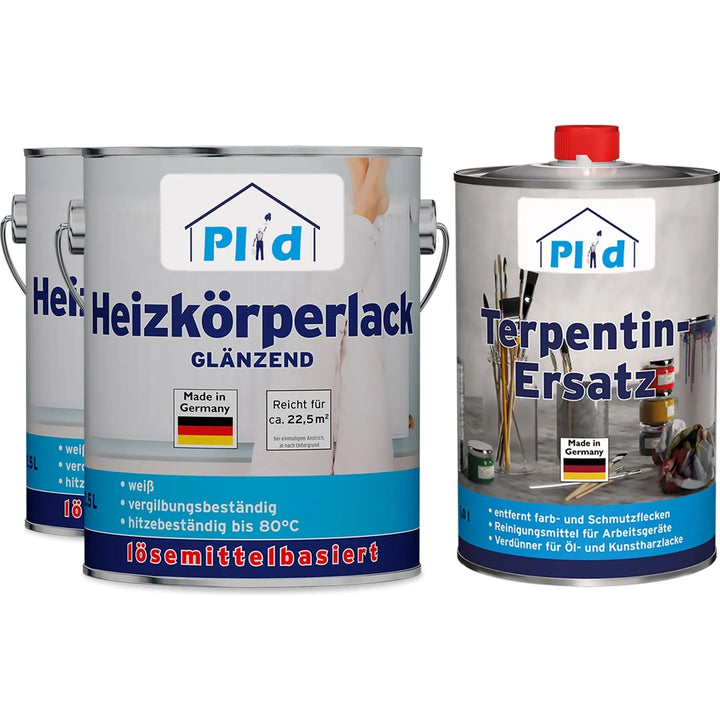 Drei Dosen mit plid-Produkten: zwei Heizkörperlacke LH und ein Terpentinersatz, alle mit blauen Etiketten auf weißem Grund.