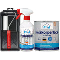 Das Heizkörperlack LF - Lackierset von plid beinhaltet einen Farbroller mit Ablage, eine Sprühflasche mit Anlauger und Zinkreiniger, sowie schnelltrocknenden, temperaturbeständig weiß glänzenden Heizkörperlack.
