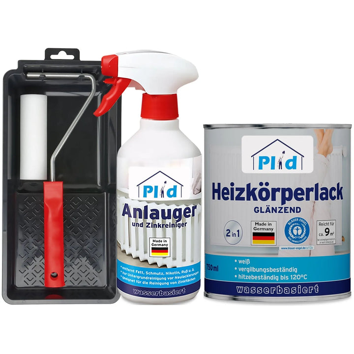Das Heizkörperlack LF - Lackierset von plid beinhaltet einen Farbroller mit Ablage, eine Sprühflasche mit Anlauger und Zinkreiniger, sowie schnelltrocknenden, temperaturbeständig weiß glänzenden Heizkörperlack.