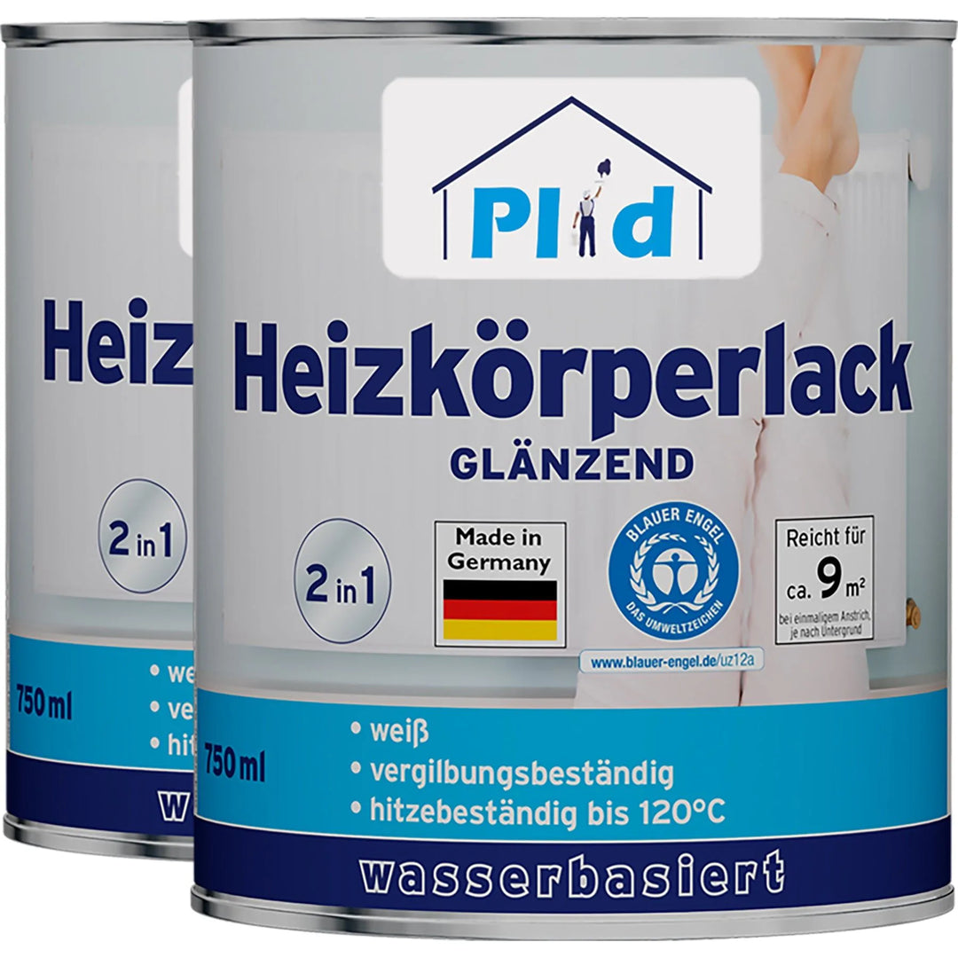 Zwei Dosen plid Plid Heizkörperlack LF lösemittelfrei, hitzebeständig bis 120°C, glänzend, wasserbasiert &amp; nicht vergilbend (je 750 ml), decken ca. 9 m². Geruchsarm &amp; langlebiger Lackschutz - Made in Germany.