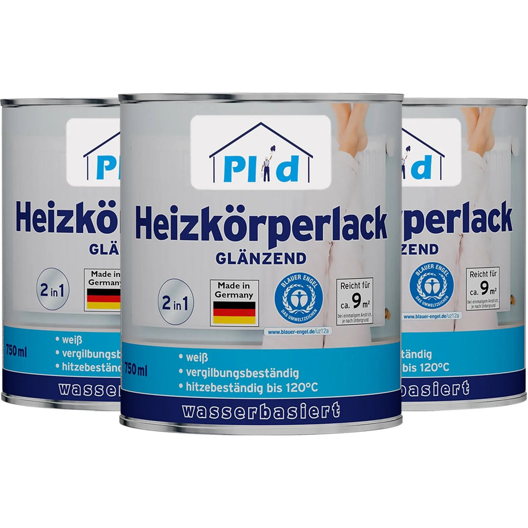 Drei Dosen plid Plid Heizkörperlack LF lösemittelfrei - glänzender, weißer, wasserbasierter Heizkörperlack aus Deutschland, geruchsneutral und hitzebeständig bis 120°C - decken pro Dose ca. 9 m² ab.