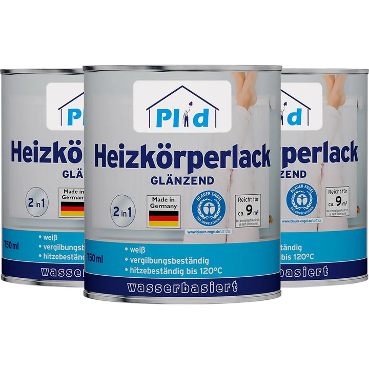 Drei Dosen plid Plid Heizkörperlack LF lösemittelfrei - glänzender, weißer, wasserbasierter Heizkörperlack aus Deutschland, geruchsneutral und hitzebeständig bis 120°C - decken pro Dose ca. 9 m² ab.