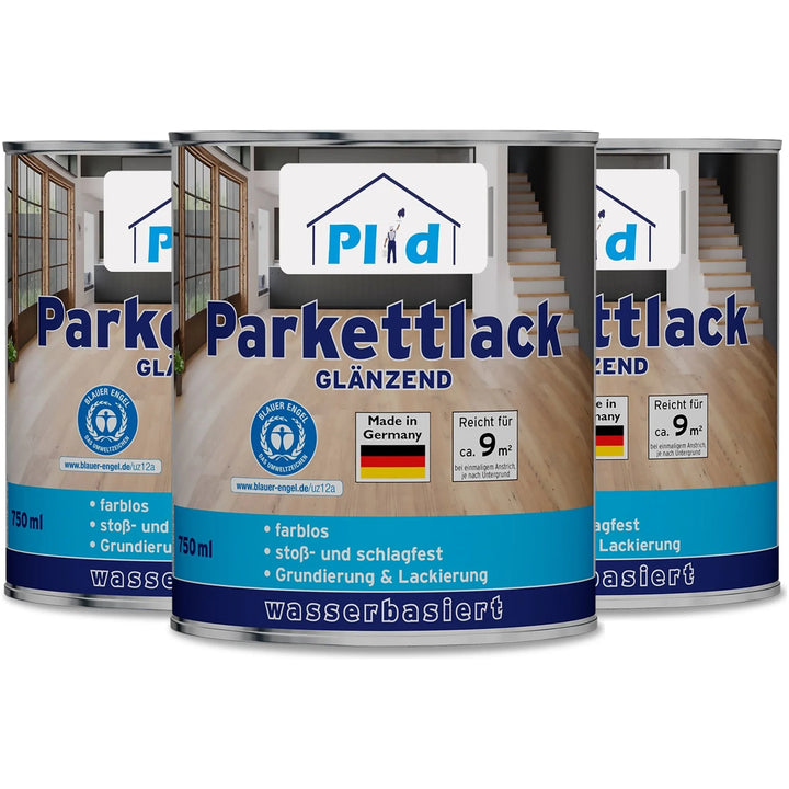 Drei Dosen plid Treppen &amp; Parkettlack-schnell trocknend &amp; abriebfest, wasserbasiert und farblos, made in Germany, je 750 ml (deckt bis zu 9 m²), werden mit einer Holztreppe im Hintergrund gezeigt.