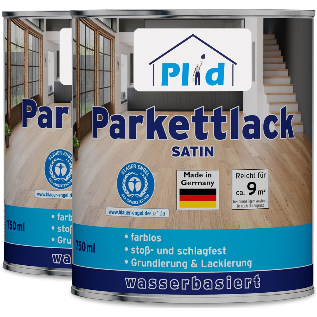 Zwei Dosen plid Plid Treppen &amp; Parkettlack - schnell trocknend &amp; abriebfest mit blauen Etiketten, die ein Wohnzimmer mit Holzfußboden zeigen, Produktinfos, Zertifizierungslogos und Made in Germany - ideal für langlebige Holzversiegelung.