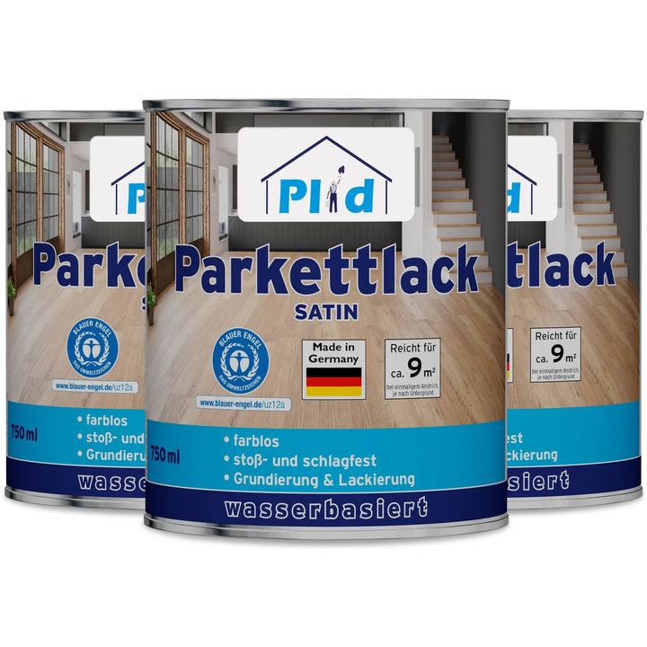 Gezeigt werden drei Dosen plid Plid Treppen &amp; Parkettlack - schnell trocknend &amp; abriebfest, gekennzeichnet als wasserbasierte, farblose Holzversiegelung made in Germany. Jede Dose deckt ~9 m² ab und zeigt Bilder von Treppen und Holzböden.
