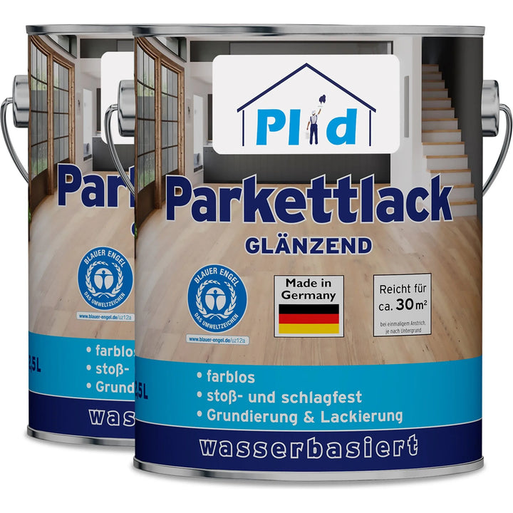 Zwei Dosen plid Plid Treppen &amp; Parkettlack - schnell trocknend &amp; abriebfest, jeweils mit deutschem Text, einem Holzbodenfoto, Made in Germany-Plakette, Angabe der Reichweite und Holzversiegelung auf dem Etikett.