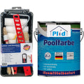 Ein plid Poolfarbe Anstreichset blau chlorresistent komplett mit Rolle und Pinsel in Kunststoff steht neben einer großen Dose mit der Aufschrift "Poolfarbe 2 in 1" für die Schwimmbeckenbeschichtung im Außenbereich auf Betonuntergründen, made in Germany mit Pool-Abbildung.