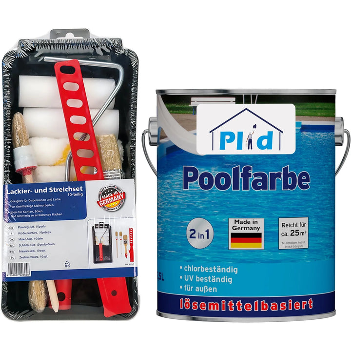 Ein plid Poolfarbe Anstreichset blau chlorresistent komplett mit Rolle und Pinsel in Kunststoff steht neben einer großen Dose mit der Aufschrift "Poolfarbe 2 in 1" für die Schwimmbeckenbeschichtung im Außenbereich auf Betonuntergründen, made in Germany mit Pool-Abbildung.