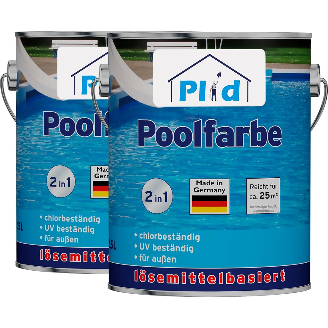 Zwei Dosen plid Poolfarbe chlorbeständig für Schwimmbecken &amp; Pools, 2 in 1, chlorbeständig, UV-beständig, Made in Germany. Mit Poolmotiv und Deutschlandflagge auf der Vorderseite.