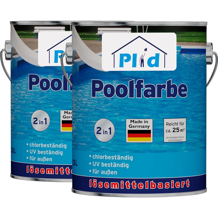 Zwei Dosen plid Poolfarbe chlorbeständig für Schwimmbecken &amp; Pools, 2 in 1, chlorbeständig, UV-beständig, Made in Germany. Mit Poolmotiv und Deutschlandflagge auf der Vorderseite.