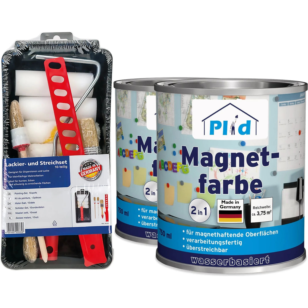 Das plid Magnetfarbe - Anstreichset enthält zwei Dosen Magnetfarbe aus deutscher Produktion sowie ein Malset mit Pinseln, Rollen und einem roten Stiel - alles, was man braucht, um magnetische Oberflächen zu Hause zu gestalten.