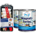Das plid Magnetfarbe - Anstreichset enthält zwei Dosen Magnetfarbe aus deutscher Produktion sowie ein Malset mit Pinseln, Rollen und einem roten Stiel - alles, was man braucht, um magnetische Oberflächen zu Hause zu gestalten.