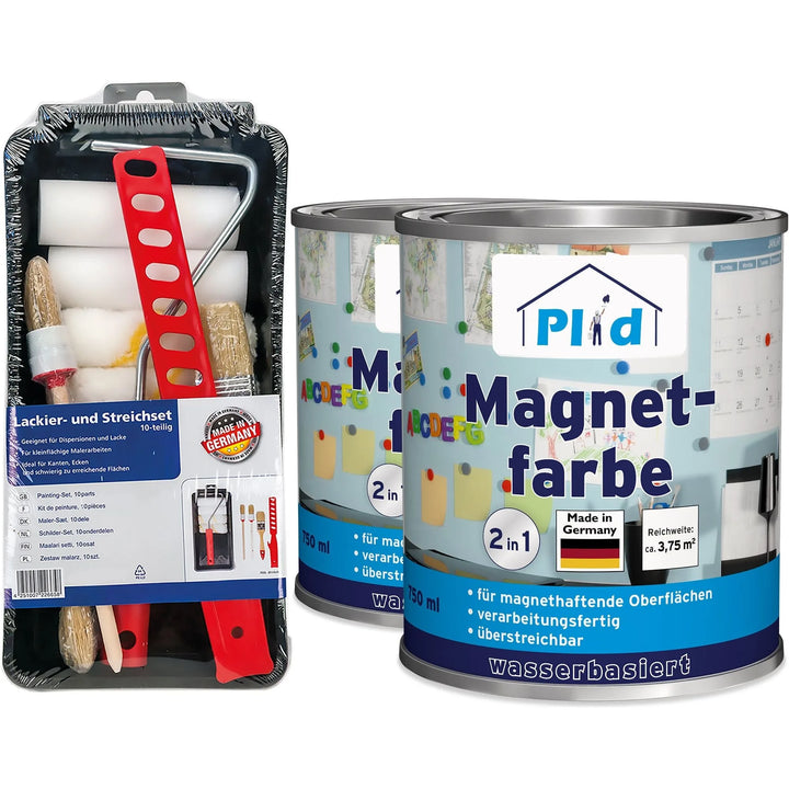Das plid Magnetfarbe - Anstreichset enthält zwei Dosen Magnetfarbe aus deutscher Produktion sowie ein Malset mit Pinseln, Rollen und einem roten Stiel - alles, was man braucht, um magnetische Oberflächen zu Hause zu gestalten.